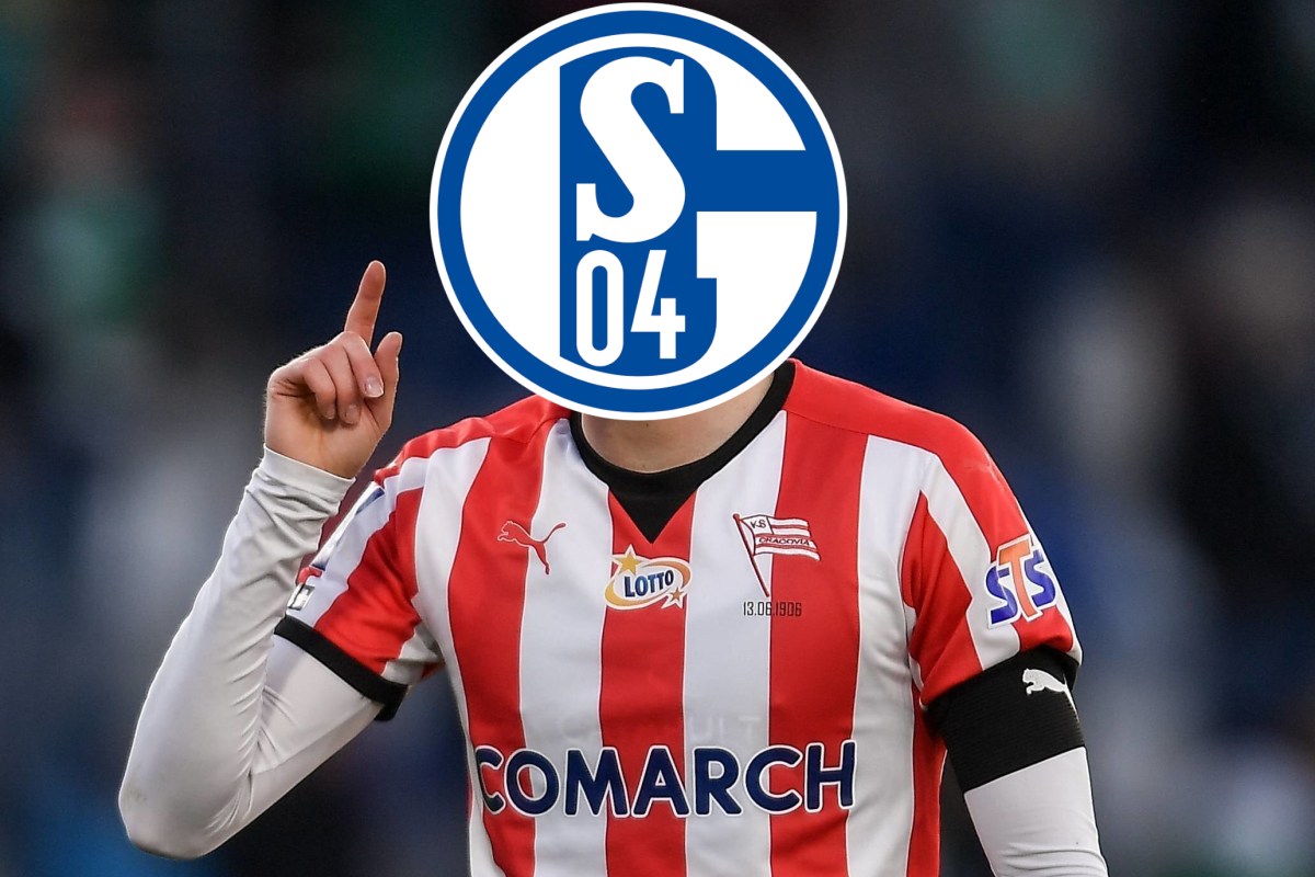 Pelle van Amersfoort zeigt auf das Wappen des FC Schalke 04.