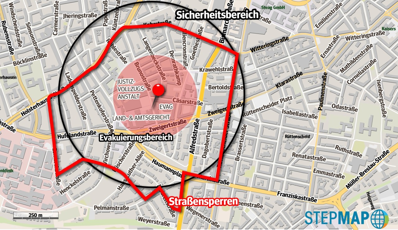Evakuierungszone (hellrot), Sicherheitszone (schwarze Linie) und die Straßensperren in Essen-Rüttenscheid für die Entschärfung der Weltkriegsbombe in Essen-Rüttenscheid (schwarze Linien). Grafik: Denise Ohms