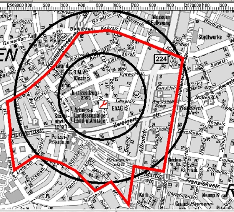Die offizielle Evakuierungskarte: Evakuierungs- und Sicherheitszone (schwarze Linien) sowie die Straßensperren (rot) für die Entschärfung der Weltkriegsbombe in Essen-Rüttenscheid (schwarze Linien).