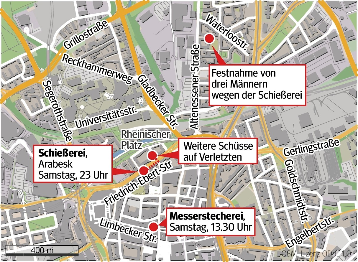 Die Tatorte vom 9. April in der Essener Innenstadt. Grafik: Gerd Niewerth/Helge Hoffmann 