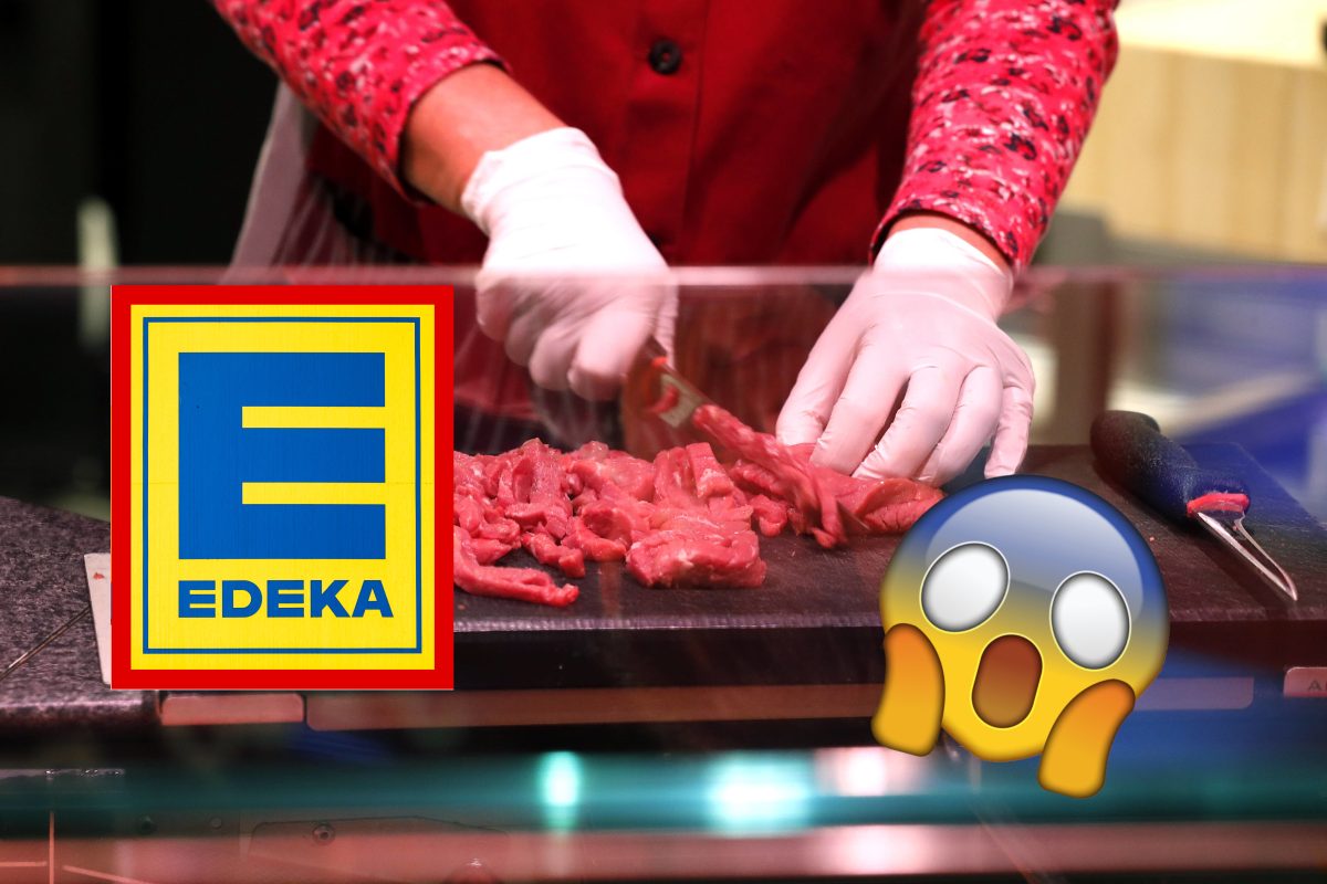 Edeka Fleischtheke Verkäuferin schneidet Fleisch Logo und aufgeregter Smiley