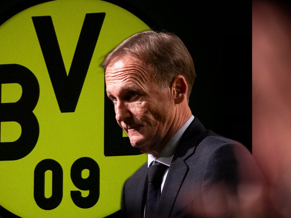 Hans-Joachim Watzke vor dem Wappen von Borussia Dortmund.