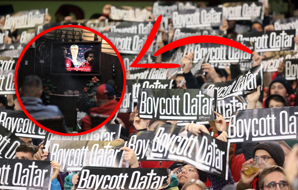 Fans fordern den Boykott der WM in Katar im Stadion.