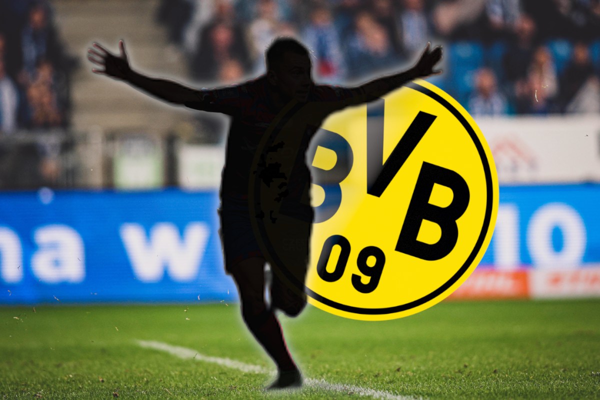Fran Tudor jubelt als Silhouette neben dem Wappen von Borussia Dortmund.