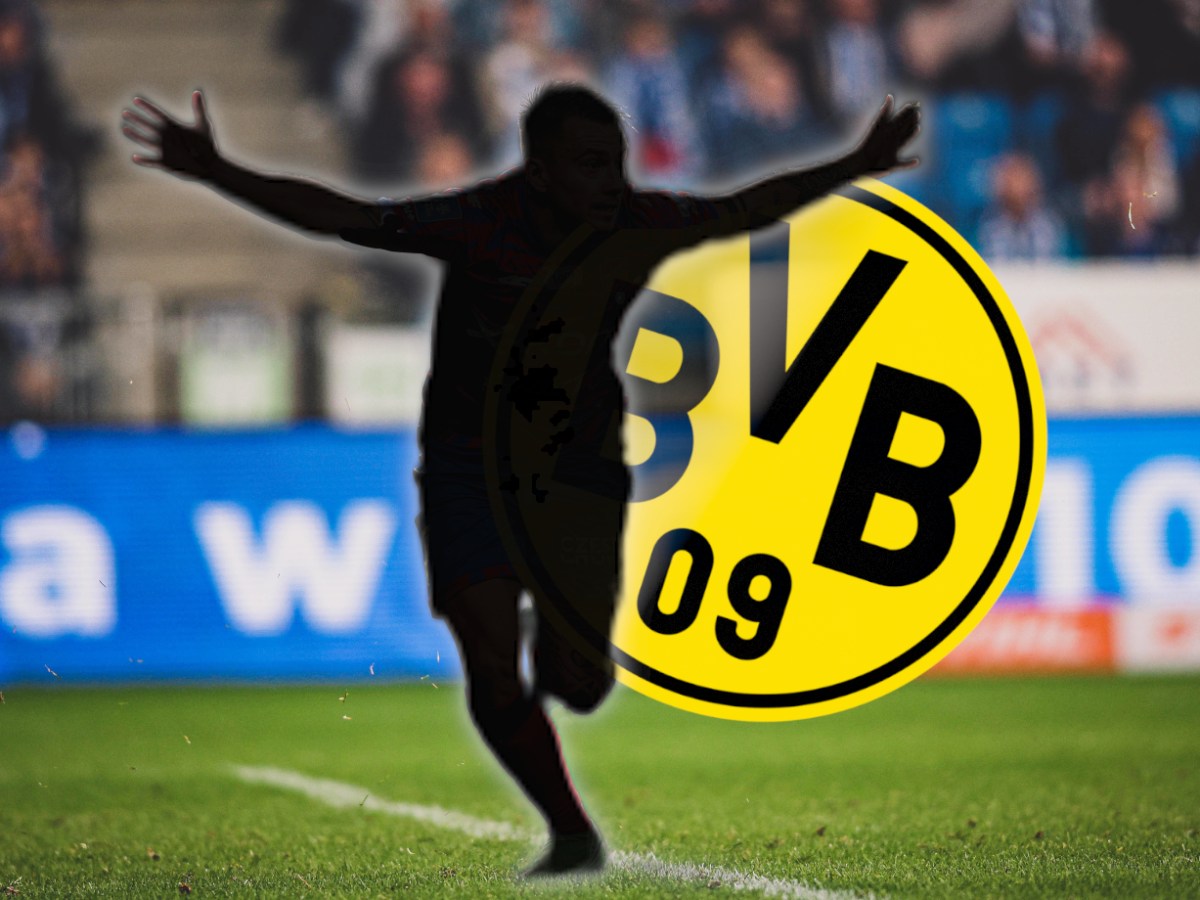 Fran Tudor jubelt als Silhouette neben dem Wappen von Borussia Dortmund.