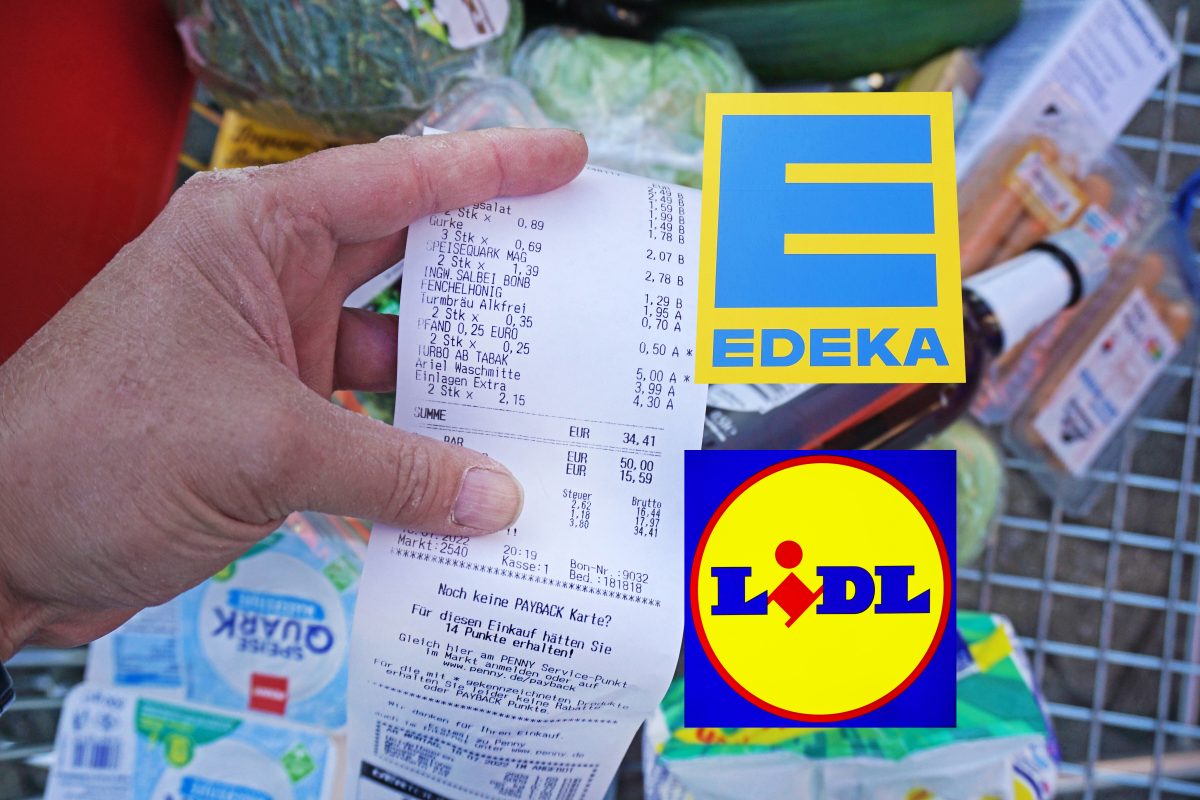 Edeka, Lidl und Co Bildcollage mit Einkäufen und Kassenzettel plus Supermarkt-Logos