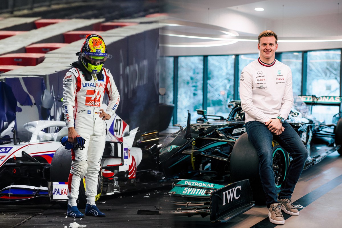 Mick Schumacher frustriert vor einem Haas und lächelnd auf einem Mercedes.