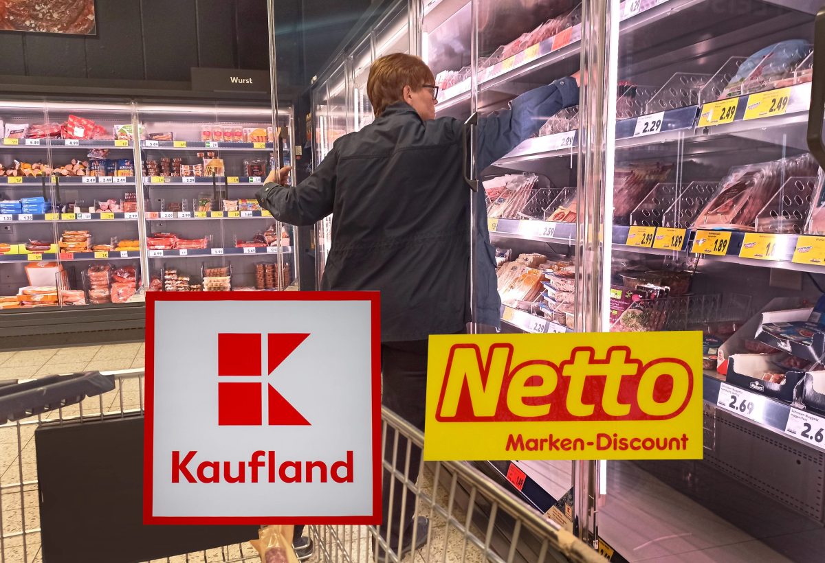 Kaufland, Netto und Co. Supermarkt einkaufswagen Fleischabteilung Kühlregal Frau greift rein