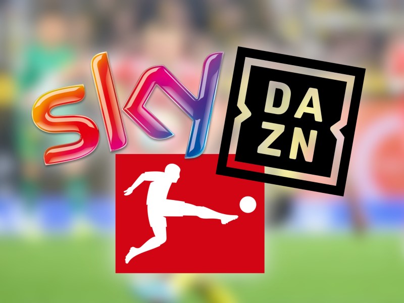 Die Logos von Sky, DAZN und der Bundesliga vor einem Zweikampf-Bild.