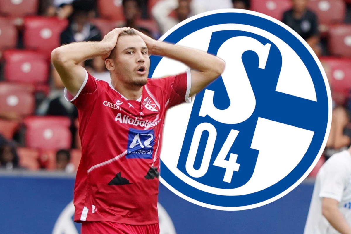 Filip Stojilkovic vor dem Logo des FC Schalke 04.