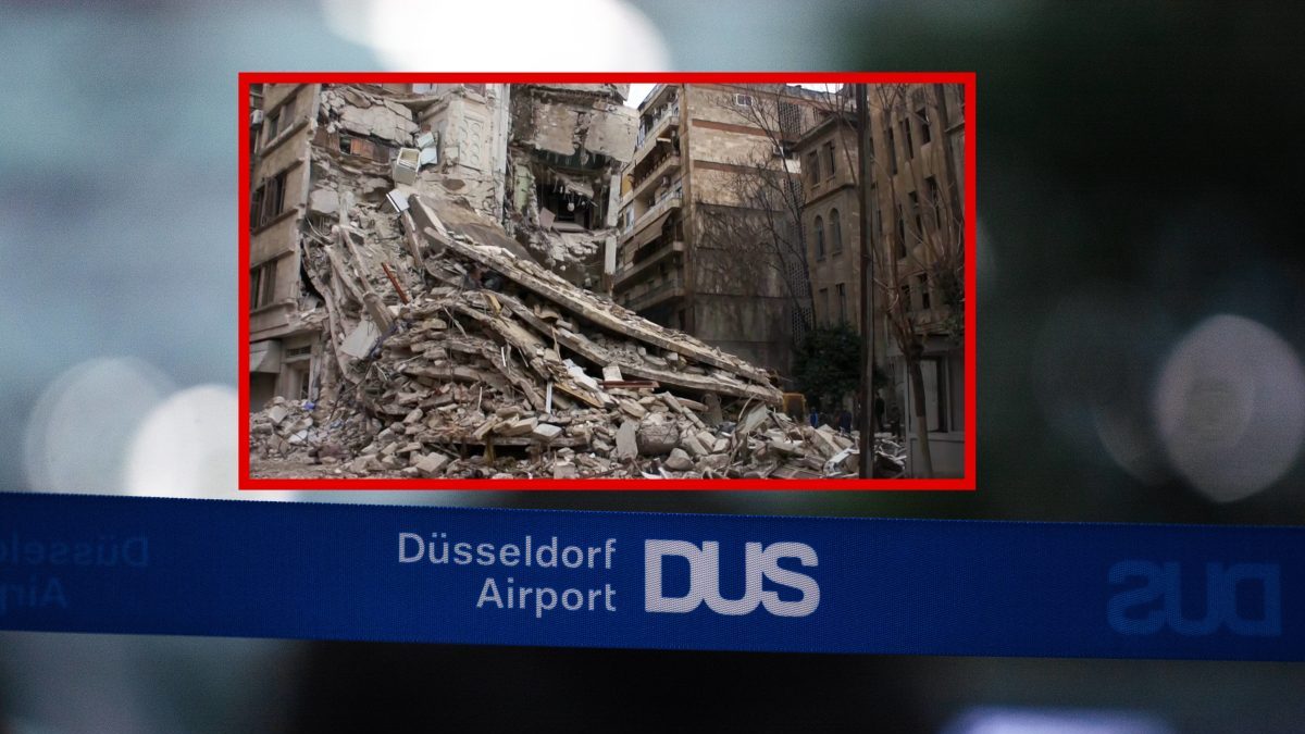 Flughafen Düsseldorf Banner mit Bild von eingestürzten Bauten in der Türkei