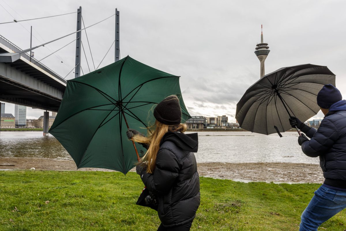 Wetter in NRW Sturmgefahr Frau und Mann mit Regenschirm am Rhein in Düsseldorf