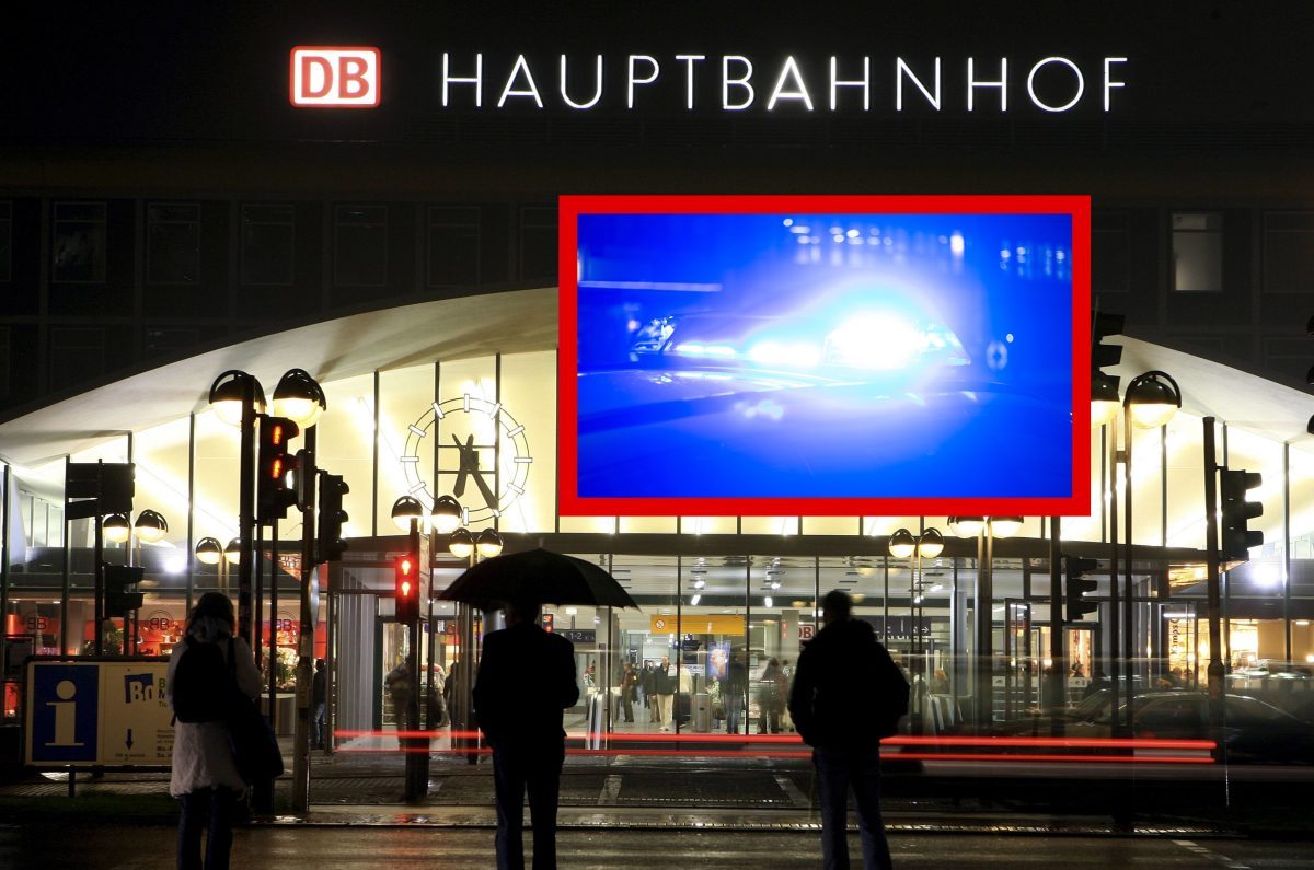 Bochum Hauptbahnhof Eingang im Dunkeln Polizeiblaulicht Collage