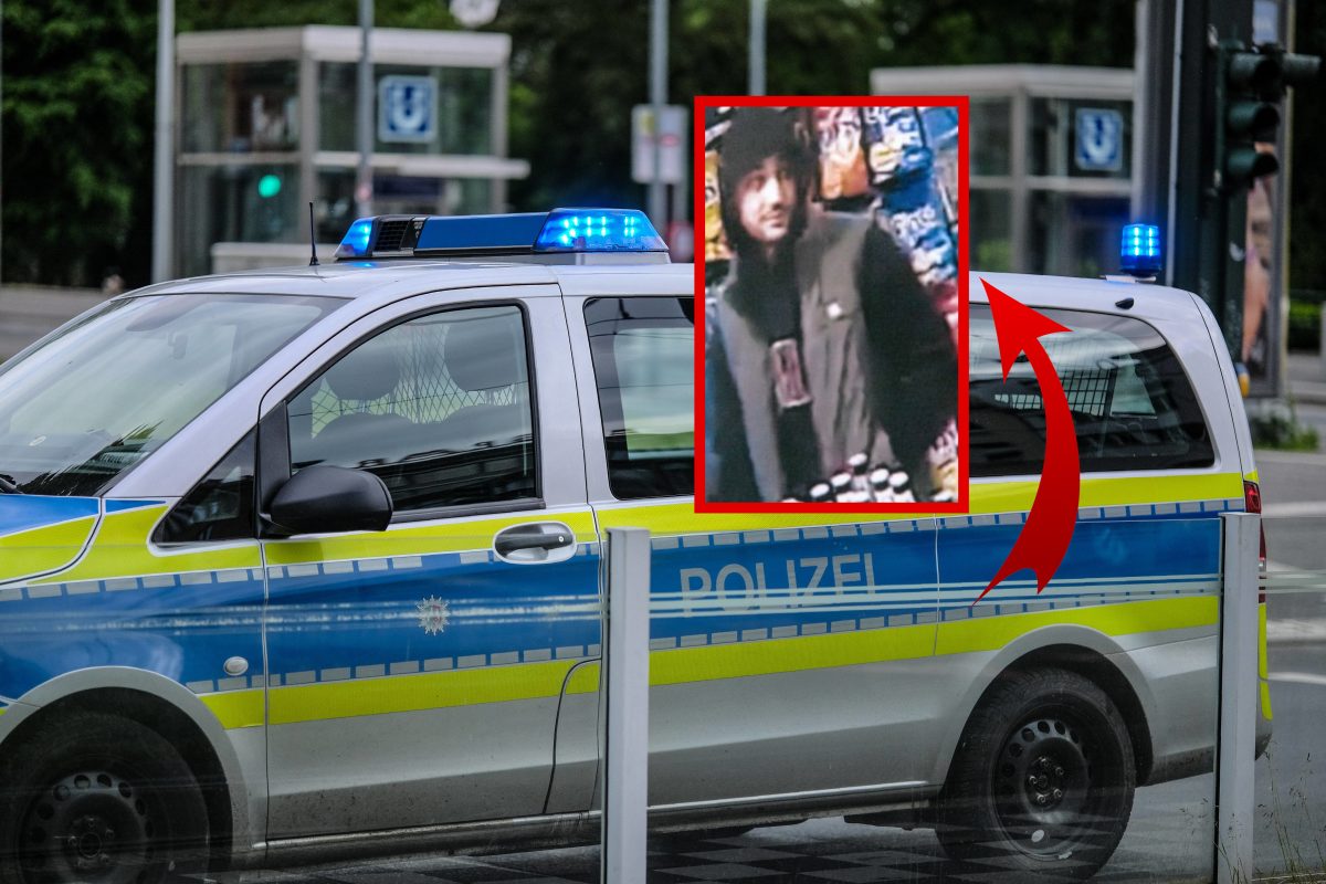 Polizeiauto und Fahndungsfoto von gesuchtem Mann aus Dortmund
