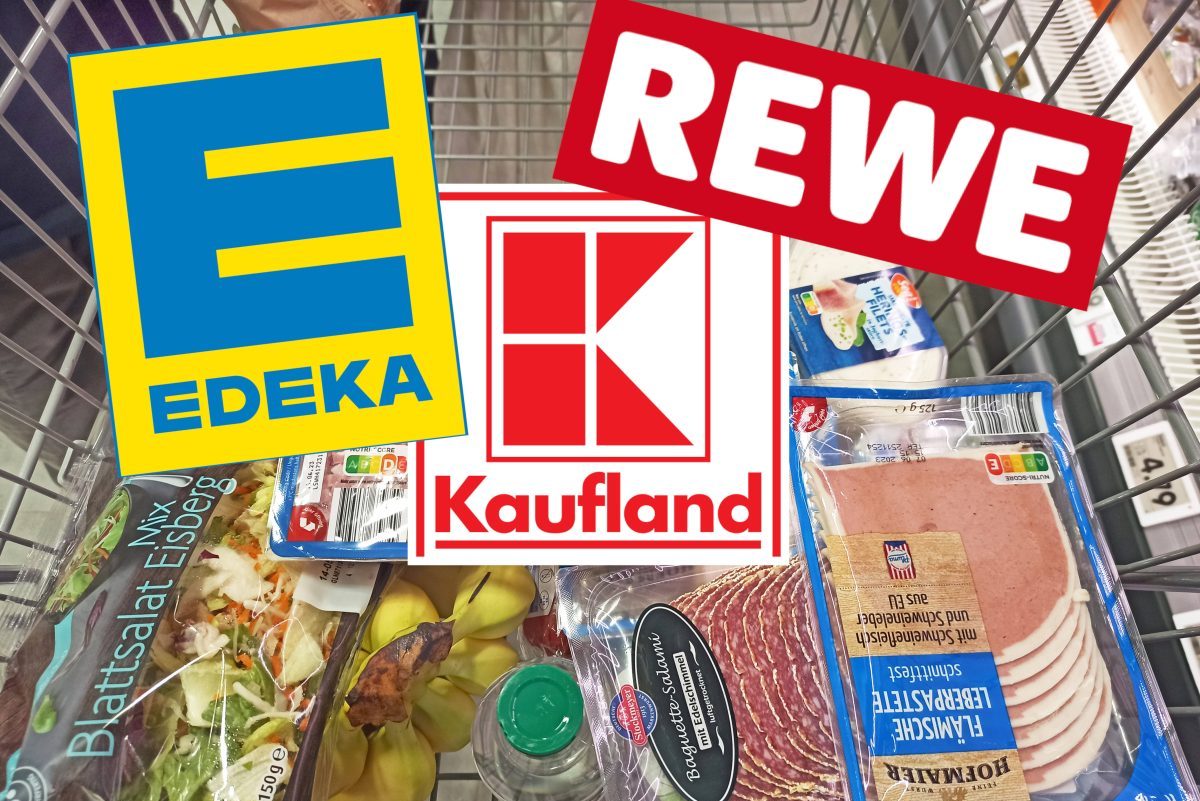 Kaufland, Edeka und Rewe-Logo auf einem vollen Einkaufskorb