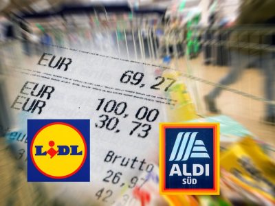 Lidl, Aldi Logos auf Kassenbon vor dem Hintergrund eines Einkaufswagens im Supermarkt