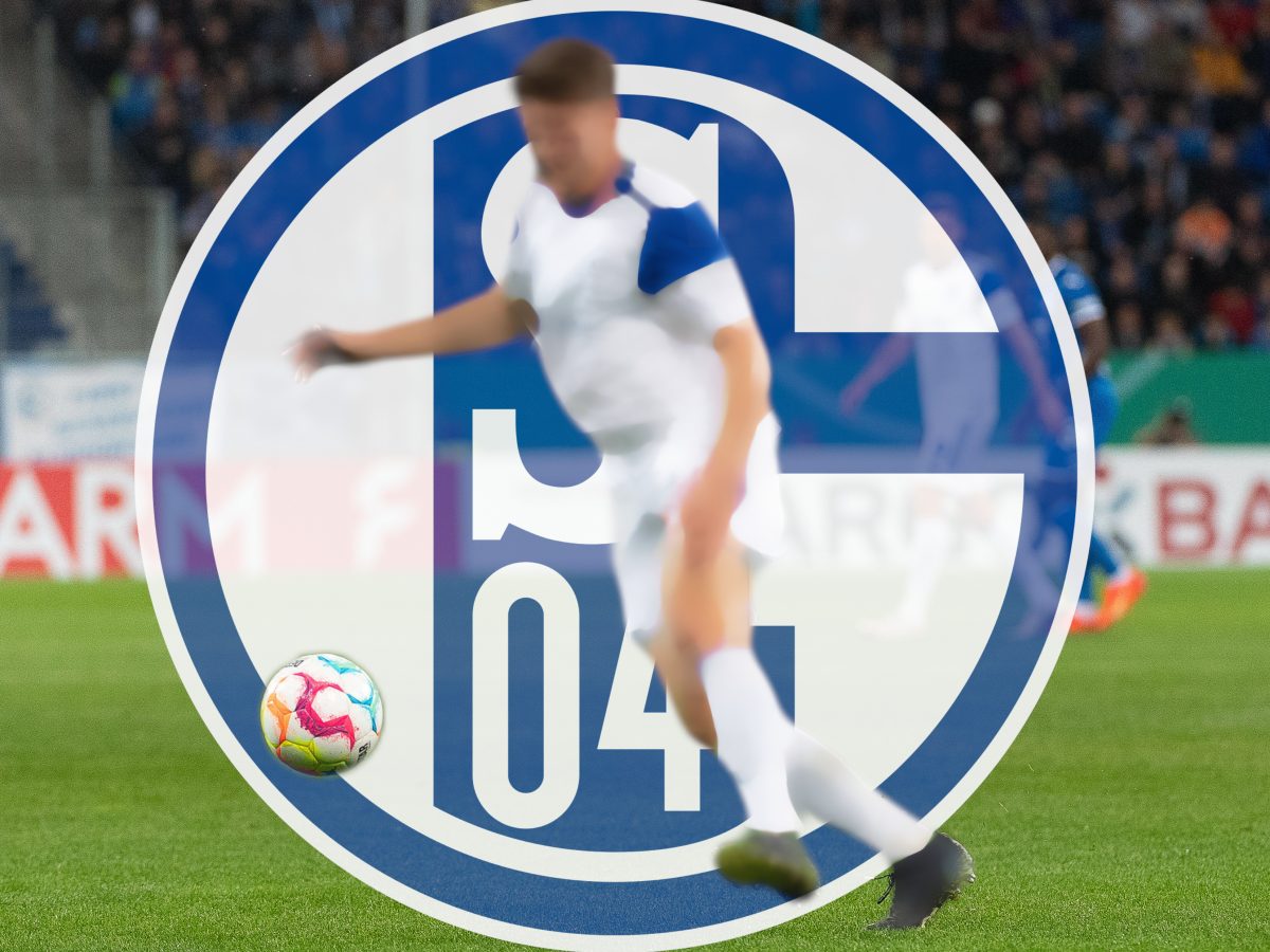 Schalke 04-Spieler vor dem Vereinslogo