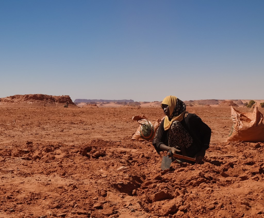 Eine verhüllte Frau sitzt in der Wüstenlandschaft von Tschad.