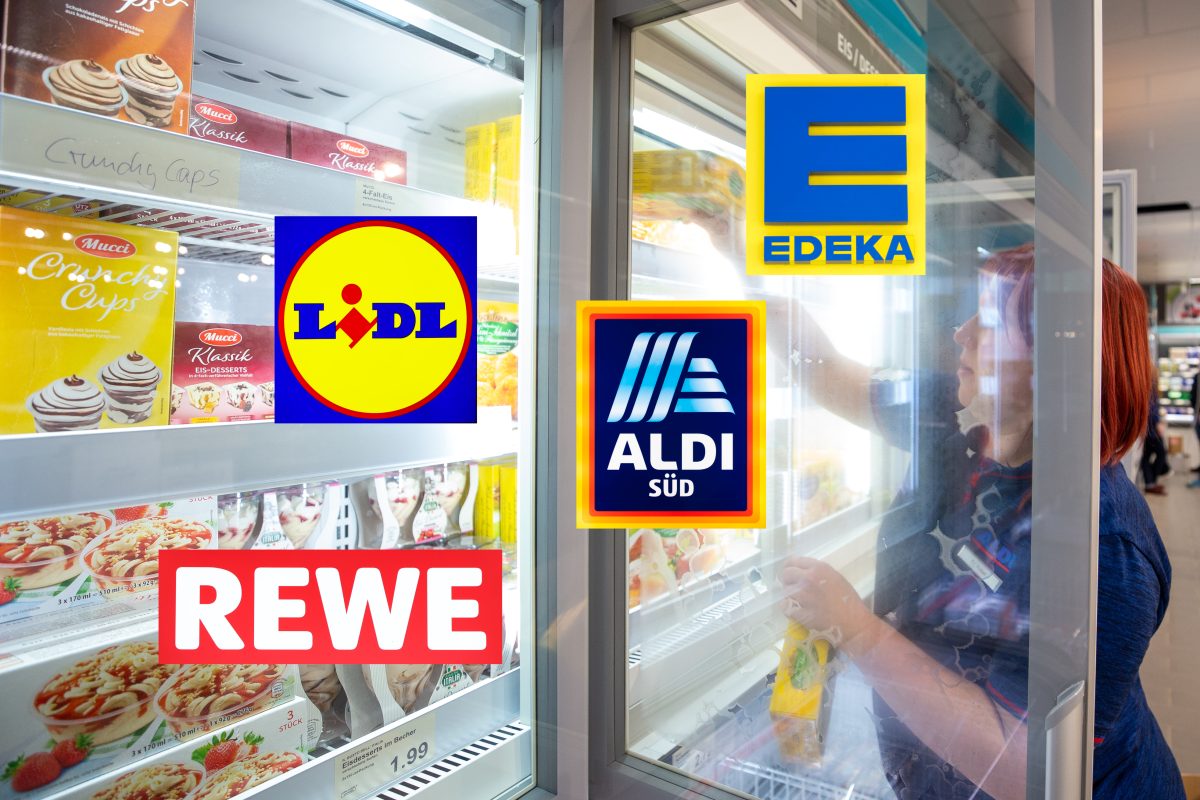 Aldi, Lidl, Rewe und Edeka-Logo vor Kühlregal mit Eiskreme drin