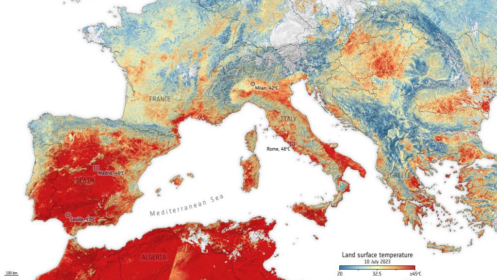 Europakarte mit eingezeichneten Hitzeflächen