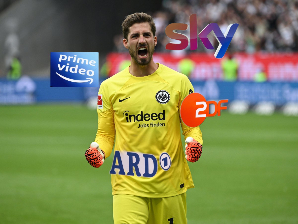 Eintracht-Torhüter Kevin Trapp und die Logos der TV-Sender ARD, ZDF und Sky sowie von Amazon Prime Video