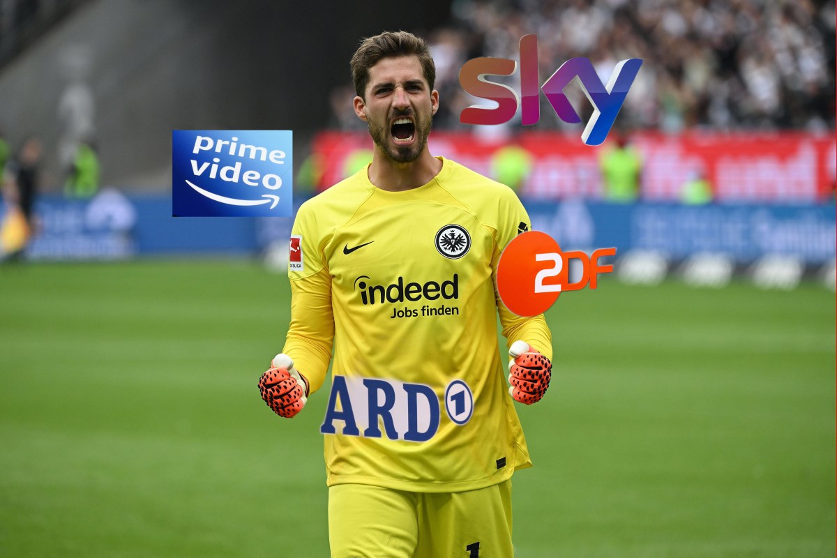 Eintracht-Torhüter Kevin Trapp und die Logos der TV-Sender ARD, ZDF und Sky sowie von Amazon Prime Video