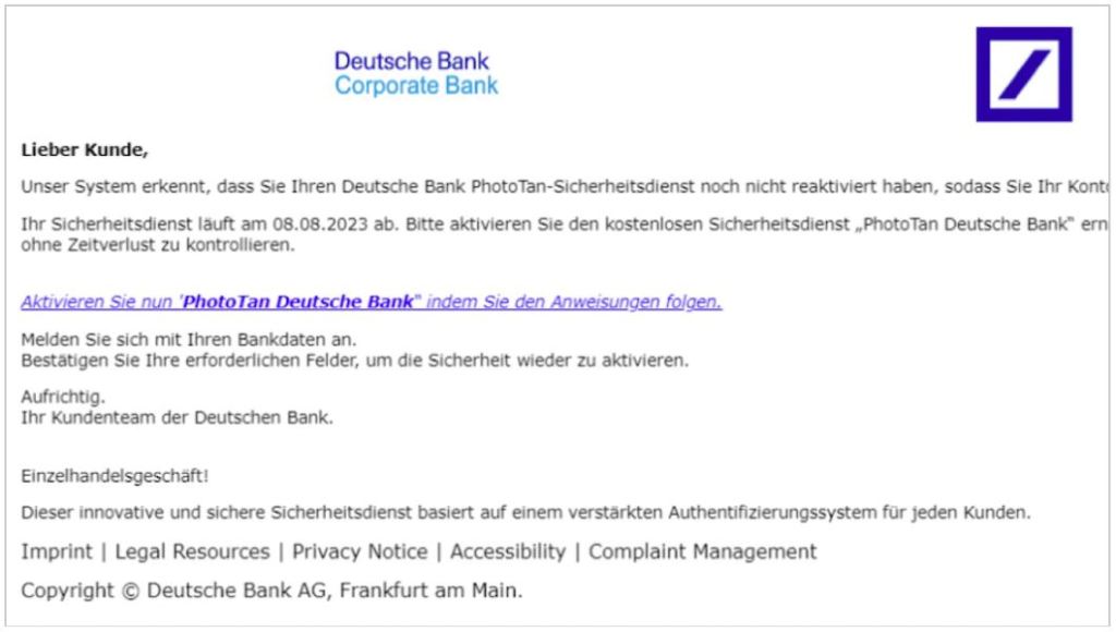 Deutsche Bank: Phishing-Mail