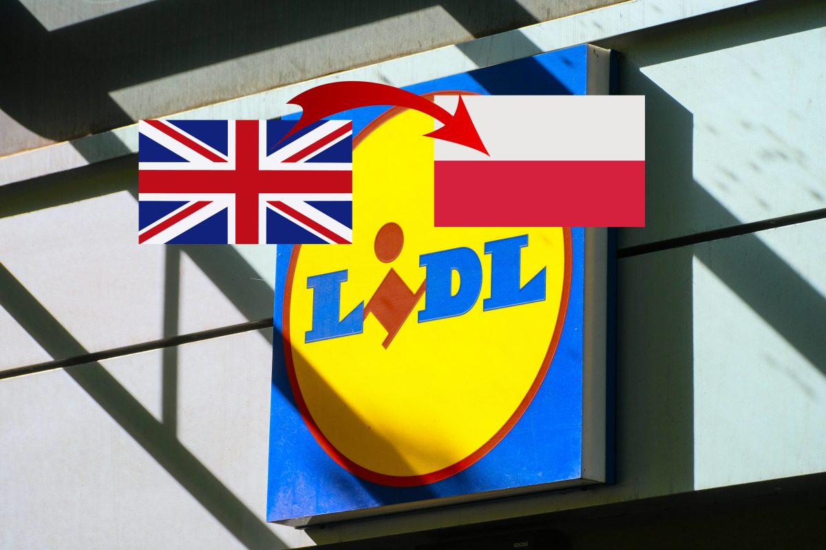 Lidl-Logo und Flagge von Großbritannien und Polen