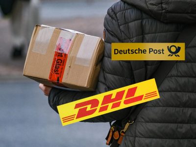 DHL, Deutsche Post-Logo, Frau mit Paket auf dem Arm
