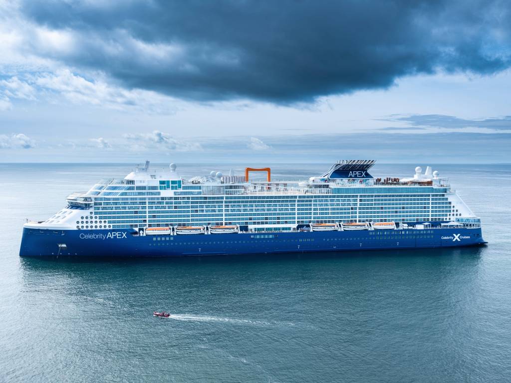 Ein Kreuzfahrtschiff im Meer unter bewölktem Himmel.
