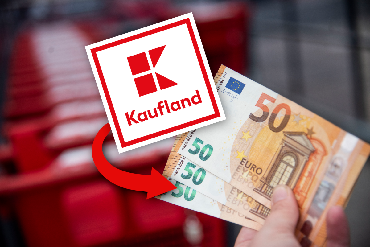 Kaufland Logo vor 50-Euro-Scheinen und Einkaufswägen.