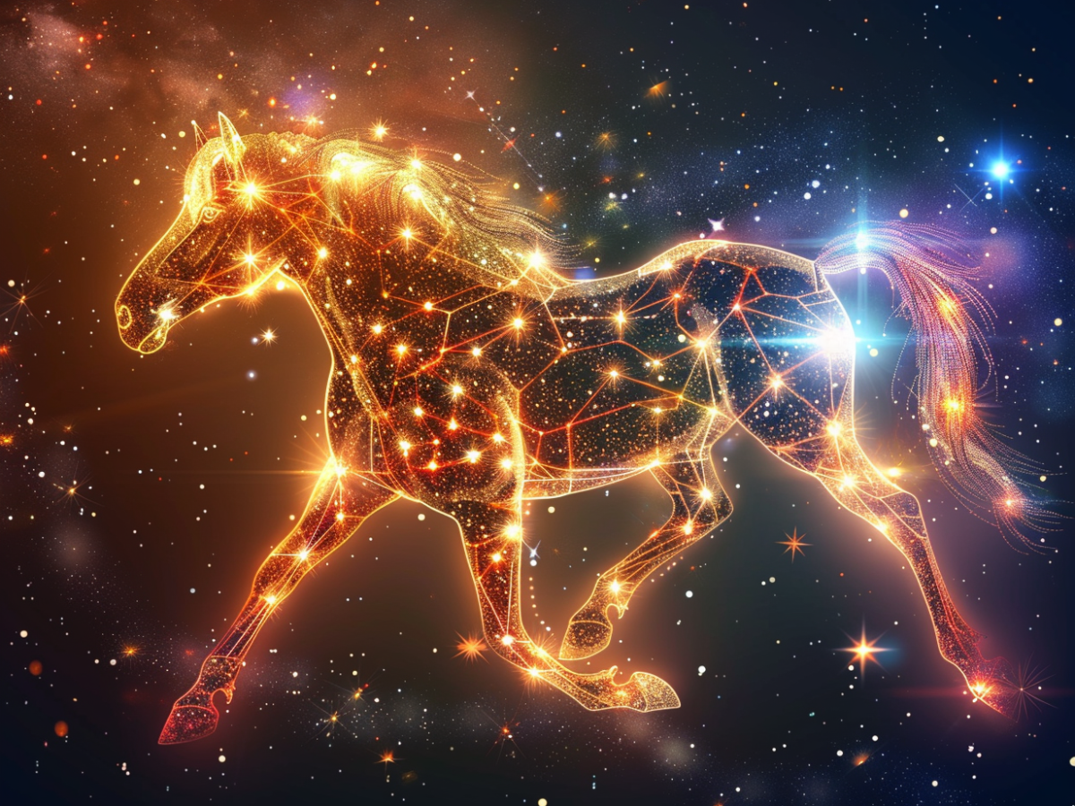 Pferd mit leuchtenden Sternen im Universum.