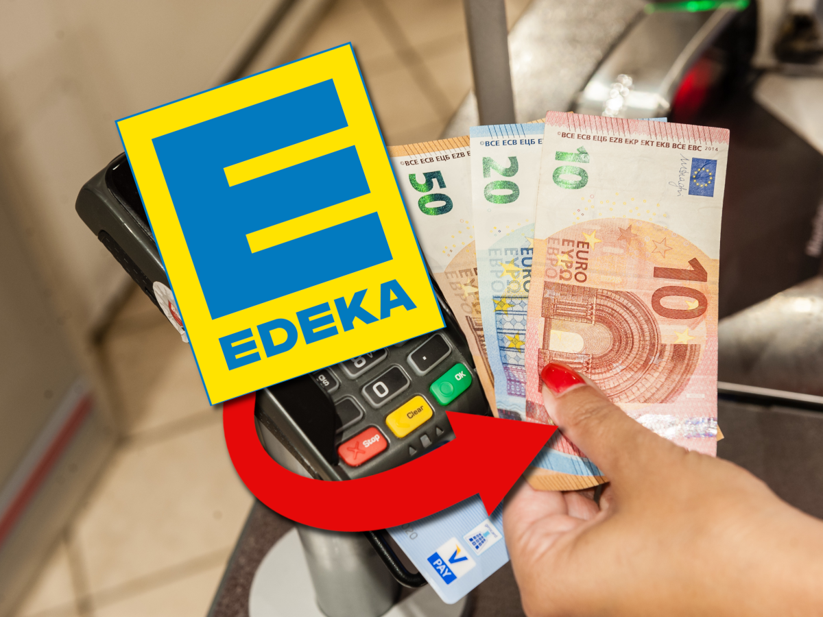 Edeka Logo mit Geldscheinen.