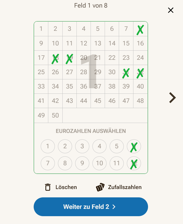 Zahlenfeld bei LOTTO24 für den Eurojackpot