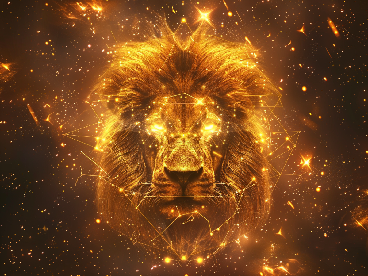 Löwenkopf umgeben von leuchtenden Sternen.