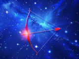 Roter Pfeil und Bogen in blauem Universum