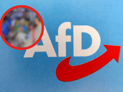 Eine Fotomontage mit dem AfD-Logo und dem verpixelten Politiker Niels Foitzik in Thailand.