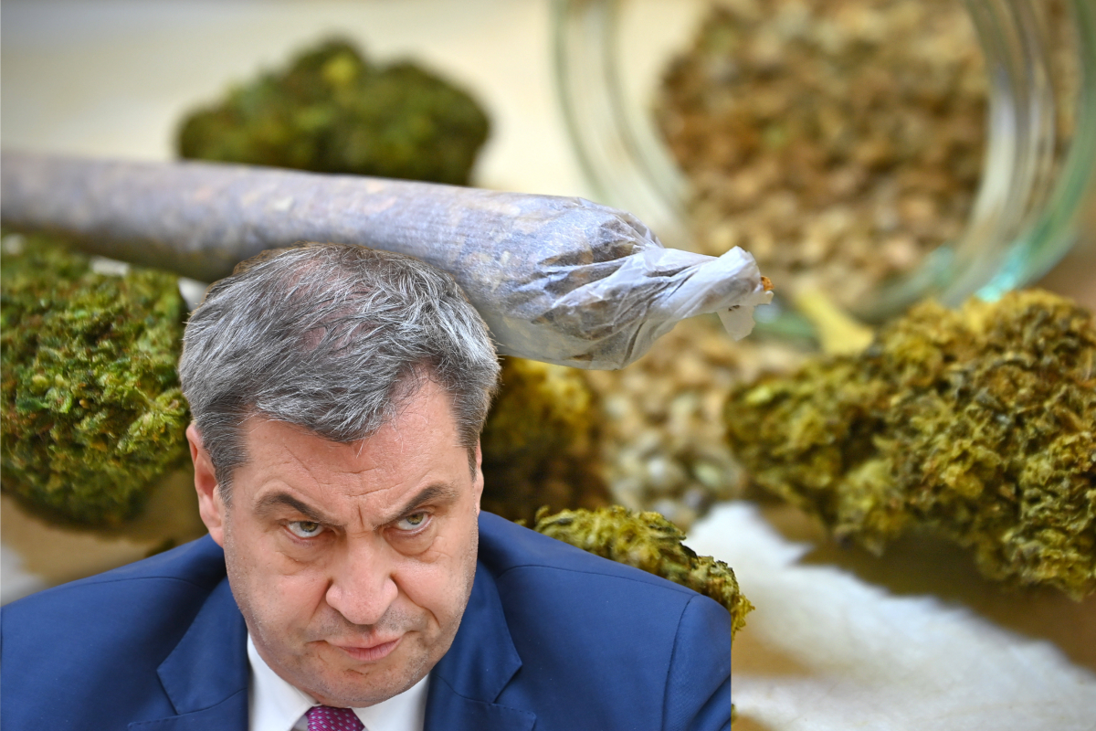Markus SÃ¶der vor einem Joint und Cannais-BlÃ¼ten.