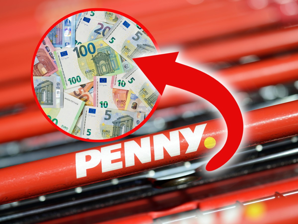 Penny Einkaufswagen mit Geldscheinen.