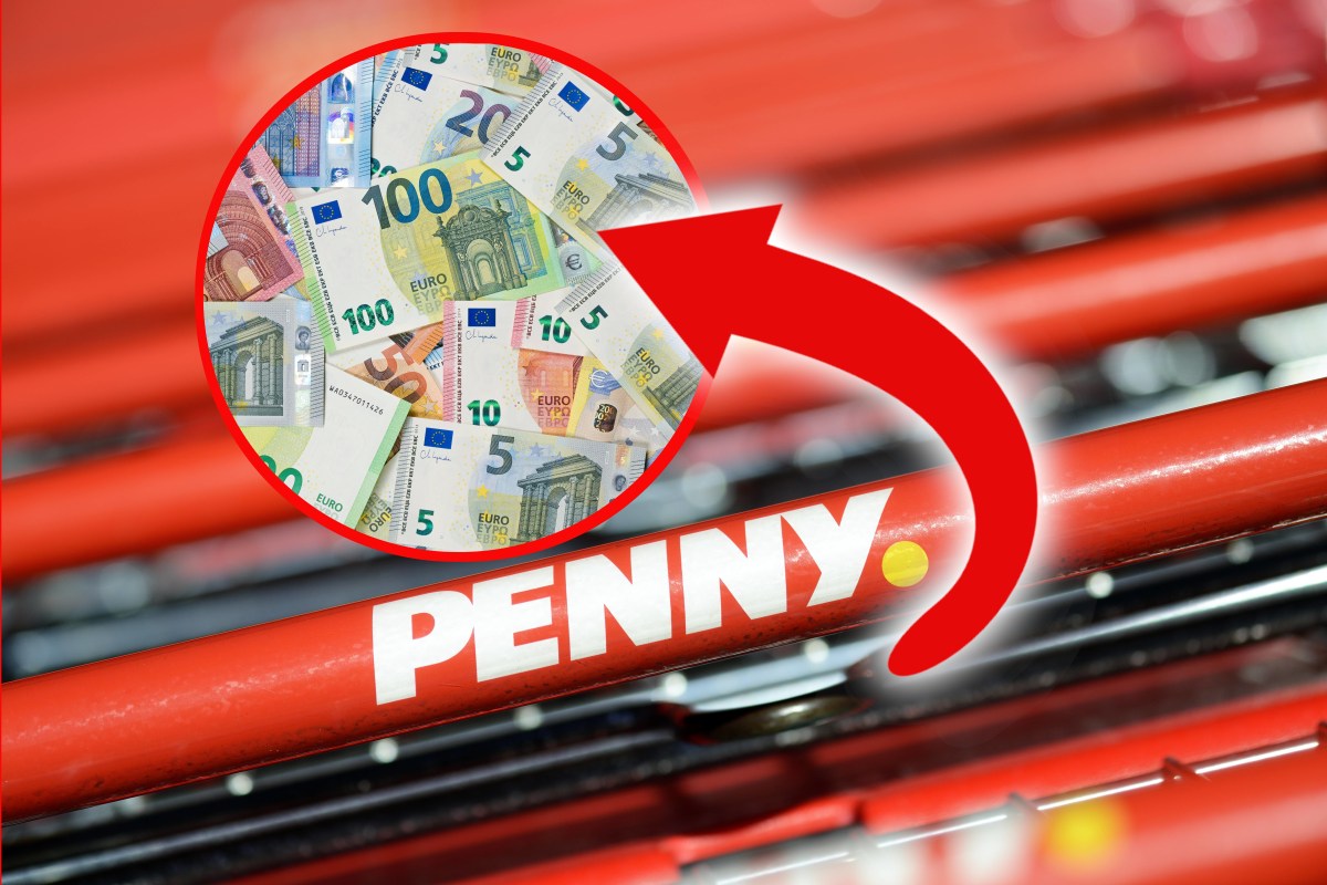 Penny Einkaufswagen mit Geldscheinen.