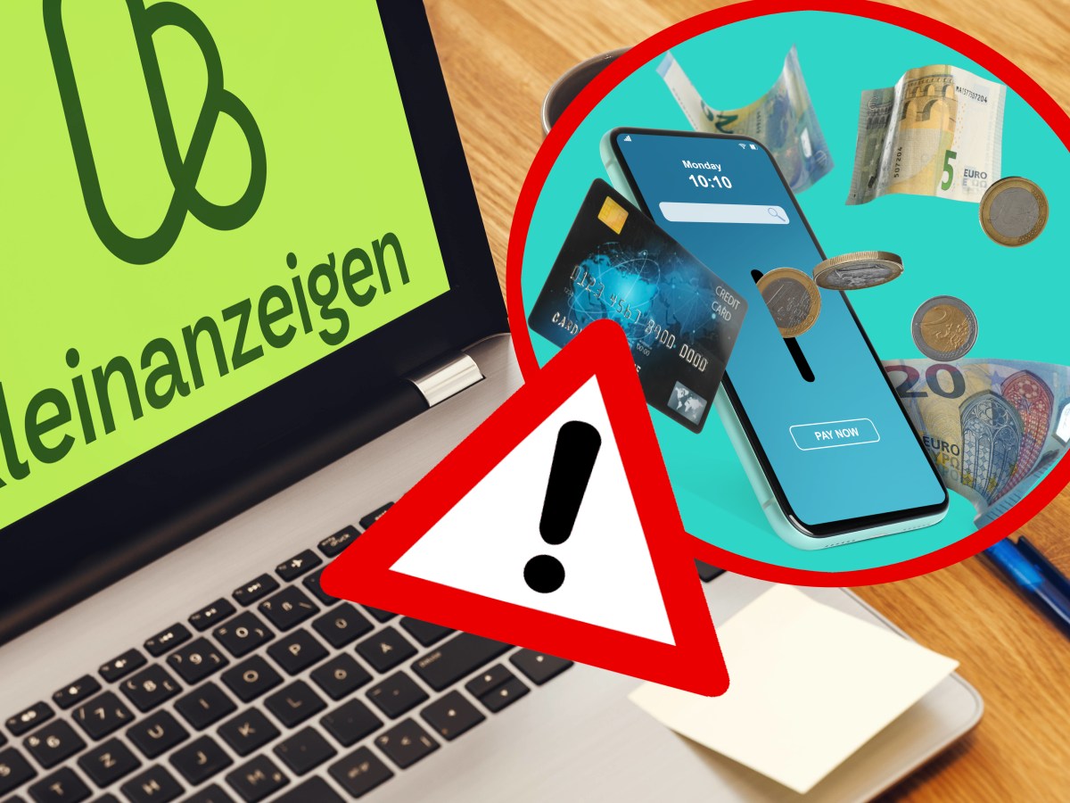 Ein Laptop auf dem Kleinanzeigen geöffnet ist. Daneben ein Warndreieck und ein Smartphone, dass symbolisch für Gebühren, Geld verschluckt.