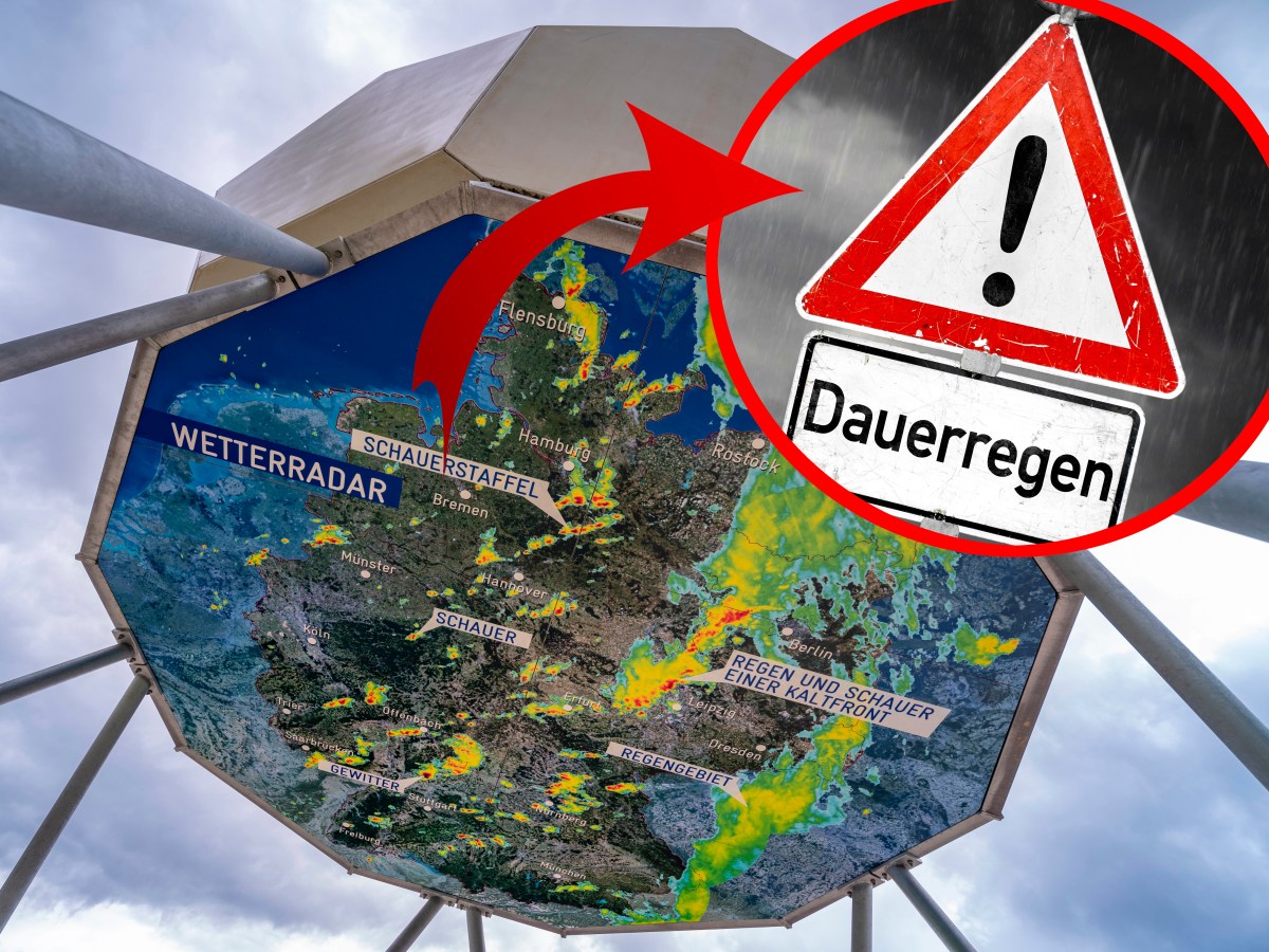 Eine Wetterstation zeigt Niederschlag auf einer Wetterkarte mit einem Warnsymbol vor Dauerregen.