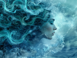 Frau mit Wellen im blauen Universum