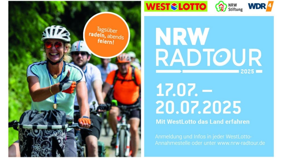 Im Sommer 2025 laden WestLotto und die Nordrhein-Westfalen-Stiftung zum 15. Mal zur beliebten NRW-Radtour für Freizeitradler ein.