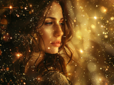 Frau mit braunen Haaren im goldenen Universum