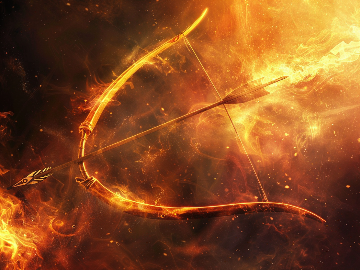 Pfeil und Bogen mit Feuer im Universum