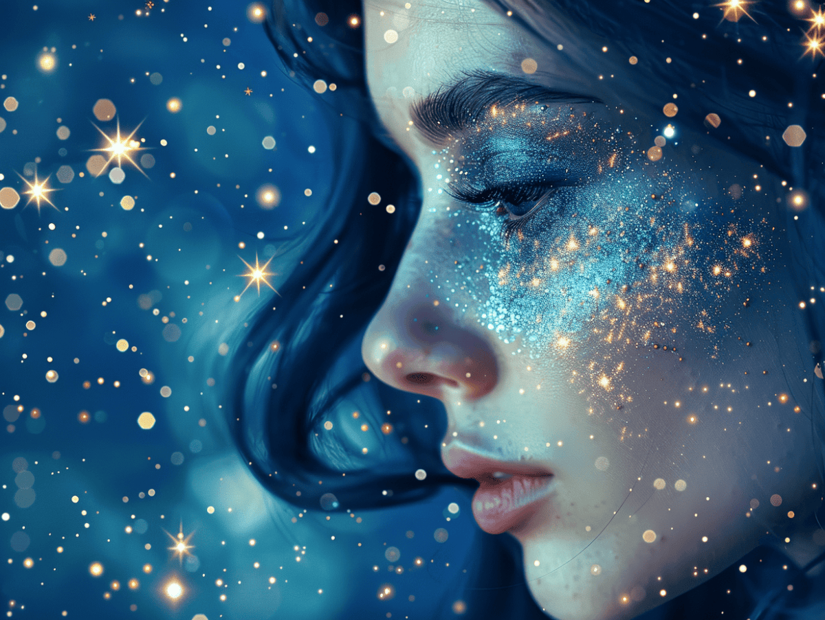 Frau mit schwarzen Haaren in blauem Universum