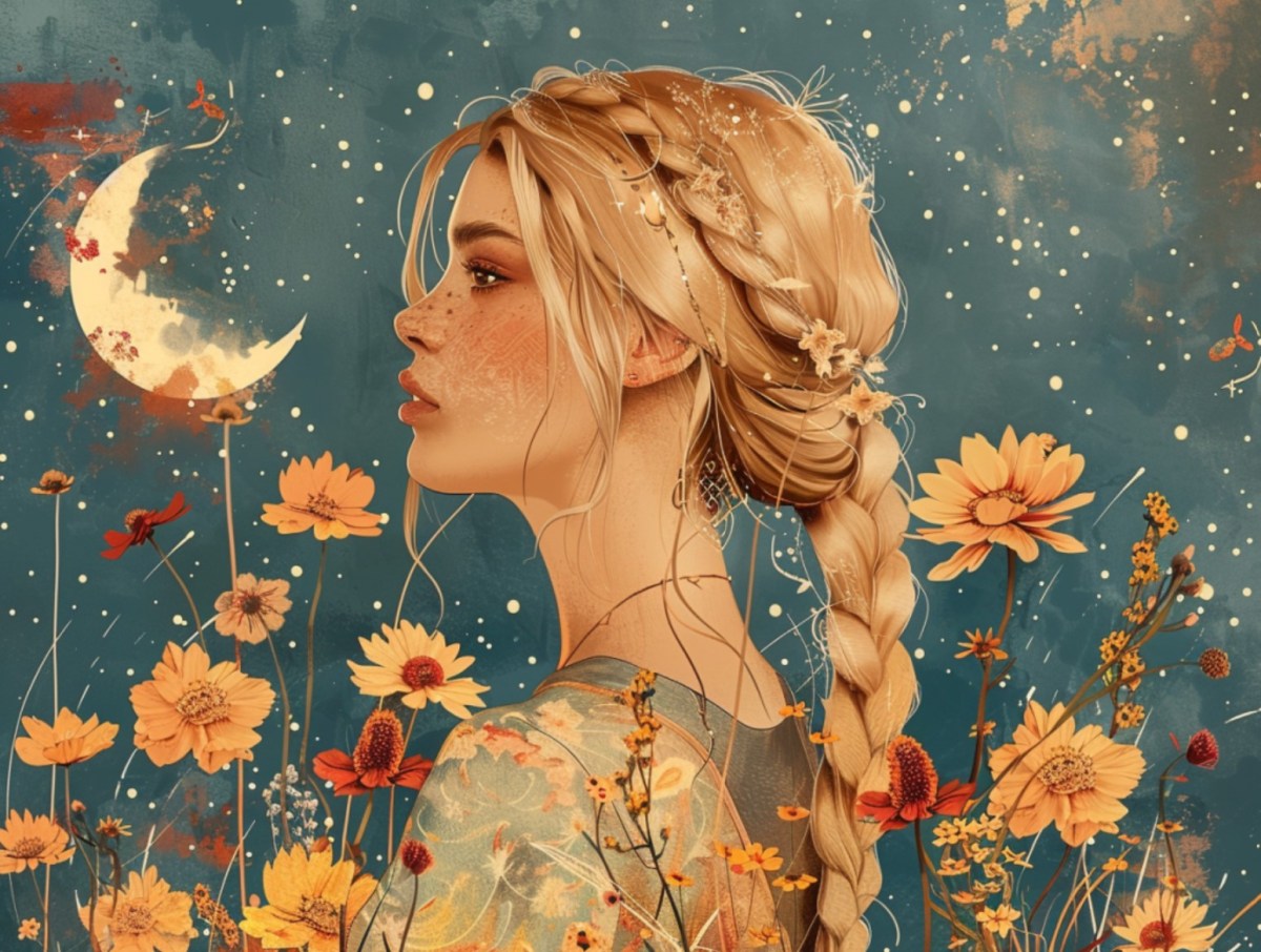 Blonde Frau steht in einem Feld voller Mohnblumen und blickt in Richtung des Mondes.
