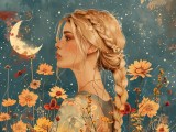 Blonde Frau steht in einem Feld voller Mohnblumen und blickt in Richtung des Mondes.