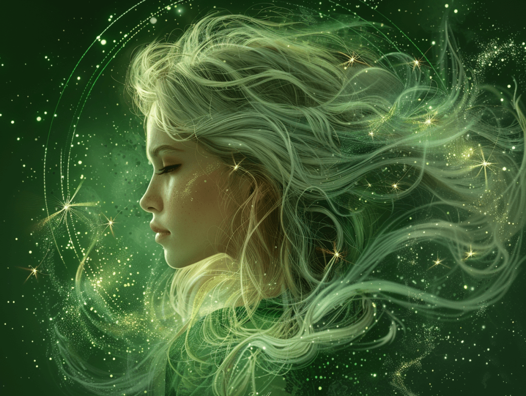 Blonde Frau in grünem Universum
